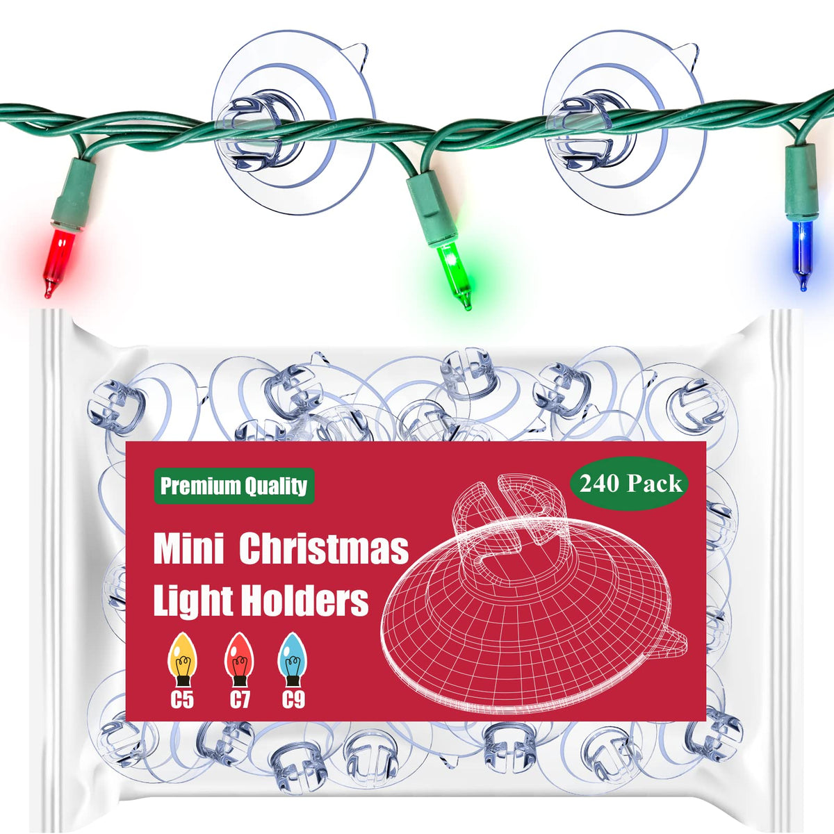 Miuezuth front packaging showing the set of 240 suction cup light holders, convenient supply