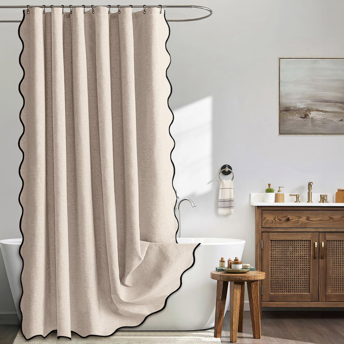MIULEE beige scalloped shower curtain front view showing elegant neutral styling and coverage