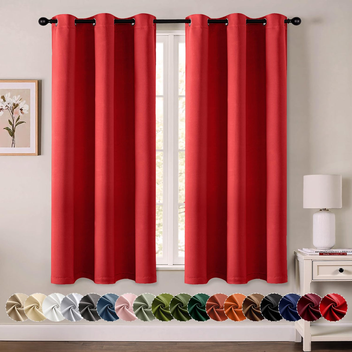 MIULEE front view of Christmas red blackout curtains showing full panel and drape benefit
