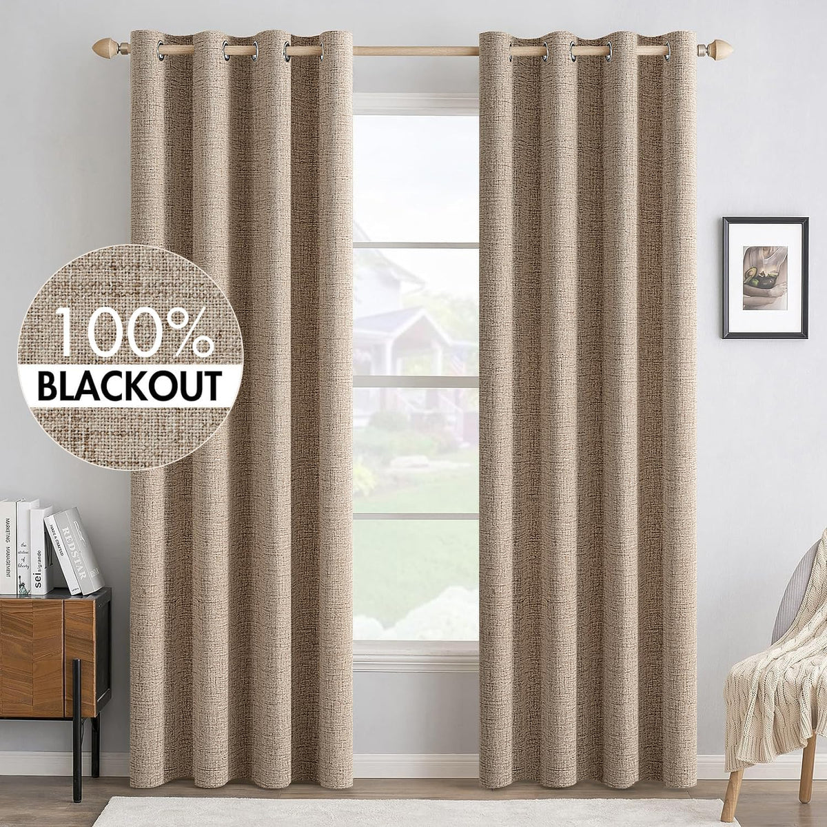 MIULEE copper brown front view showing full-length blackout panels and elegant drape