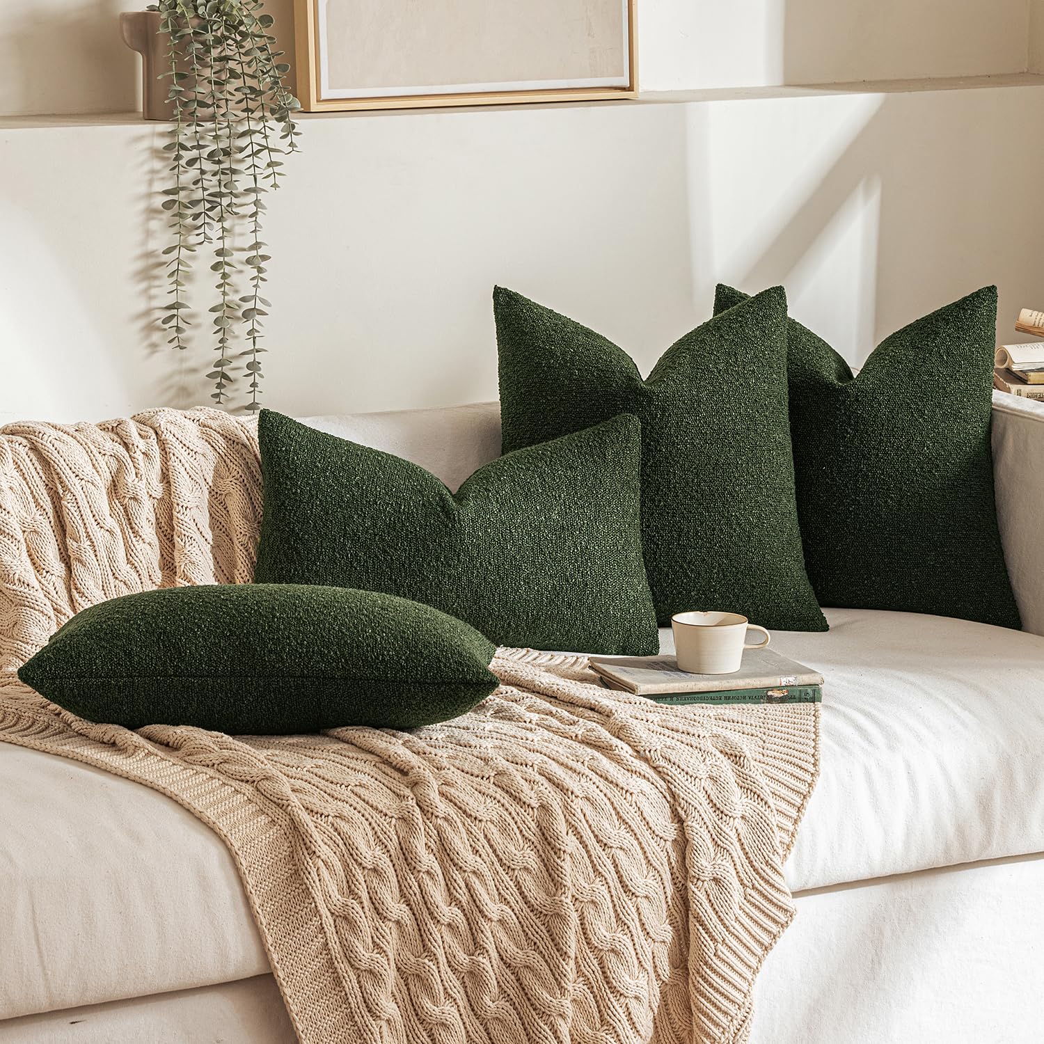 MIULEE dark green pillow on sofa showing cozy living room update