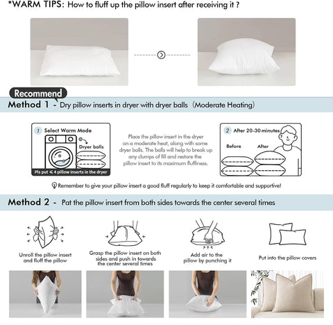 MIULEE pillow insert in dryer with dryer balls illustrating fast loft restoration and refreshed fluff