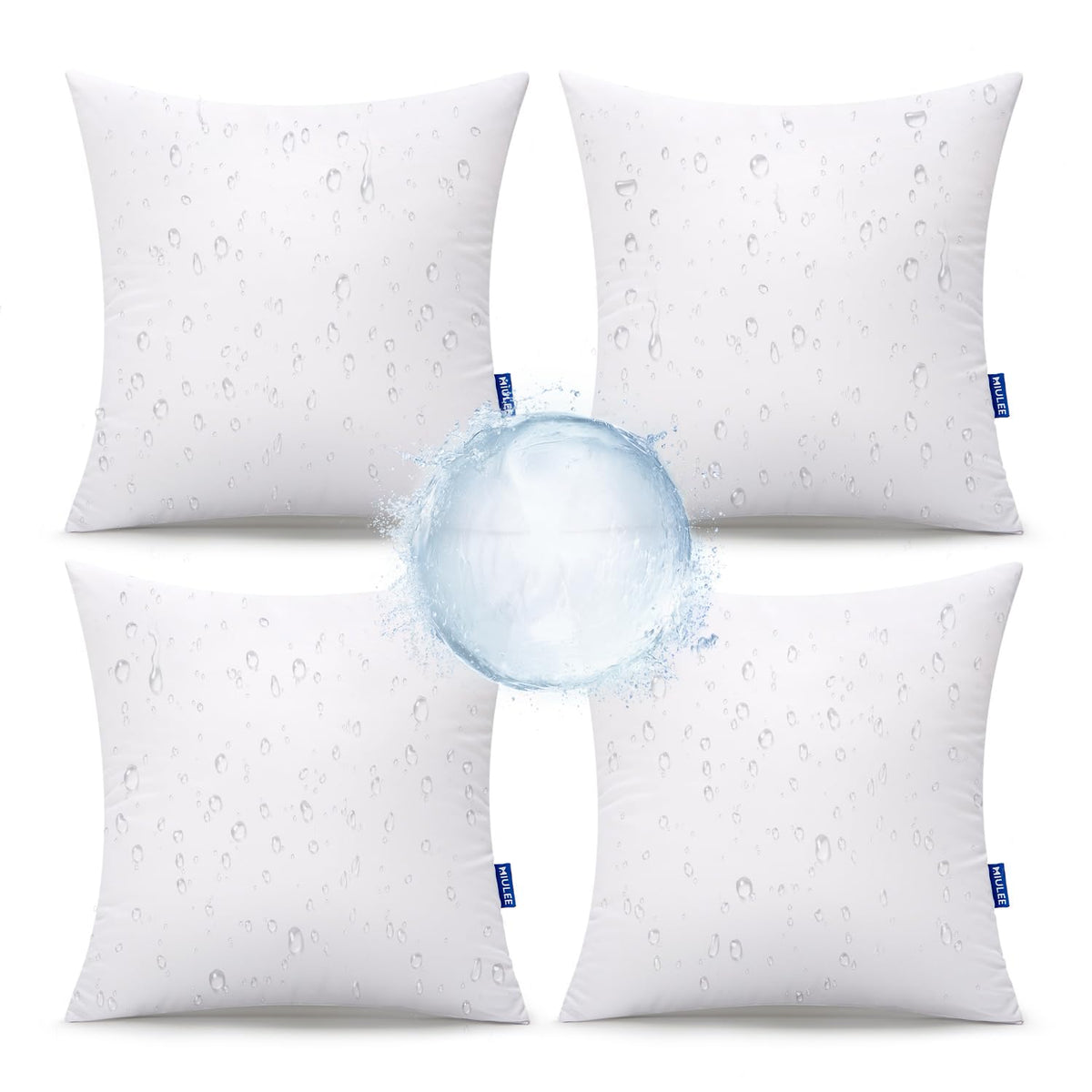 MIULEE front view of four 18x18 pillows showing packaging and neat corners for durable outdoor use