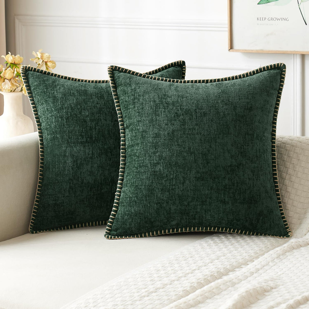 MIULEE front view of two dark green pillow covers showing color and finish