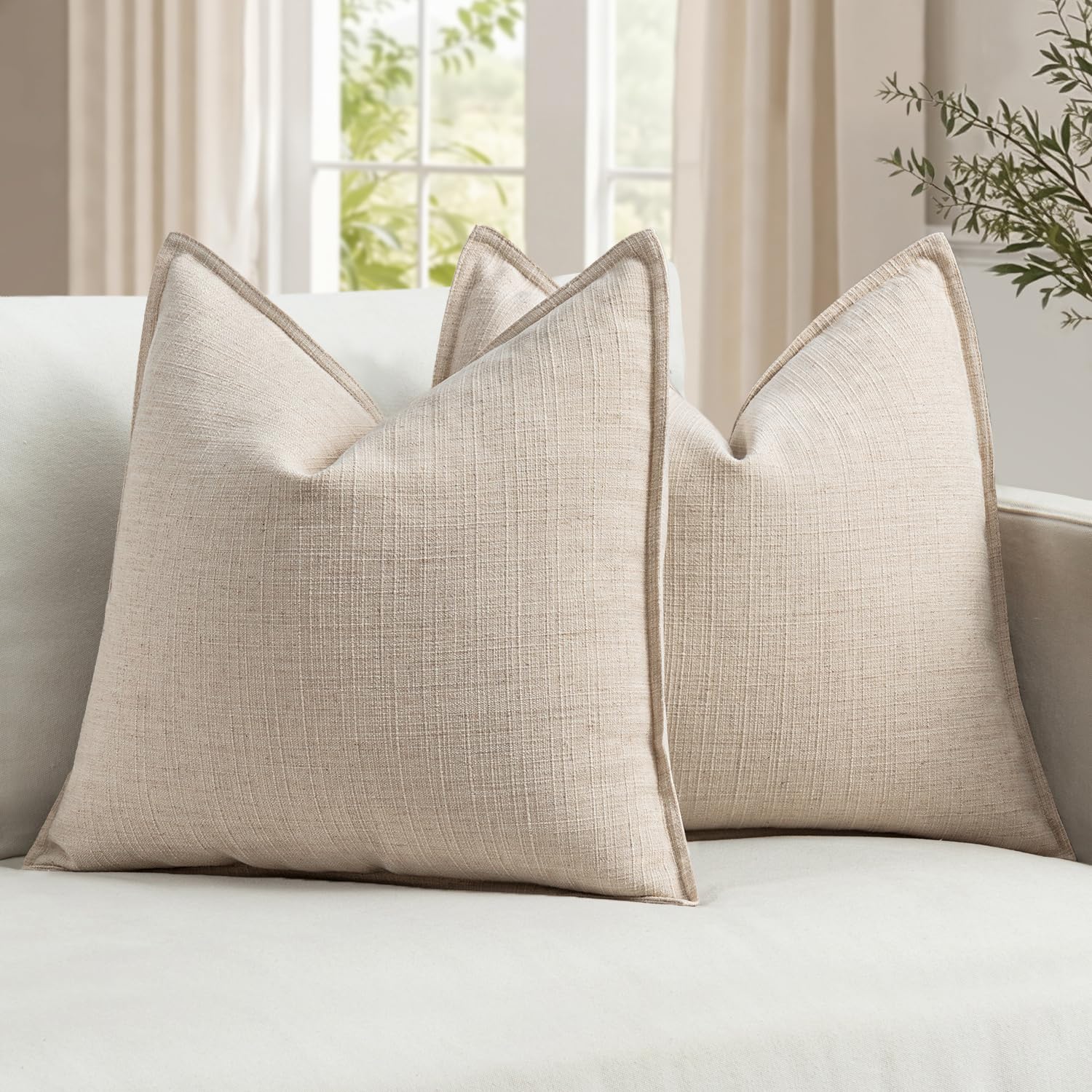 MIULEE front view of 26x26 euro sham showing natural linen finish and tailored look