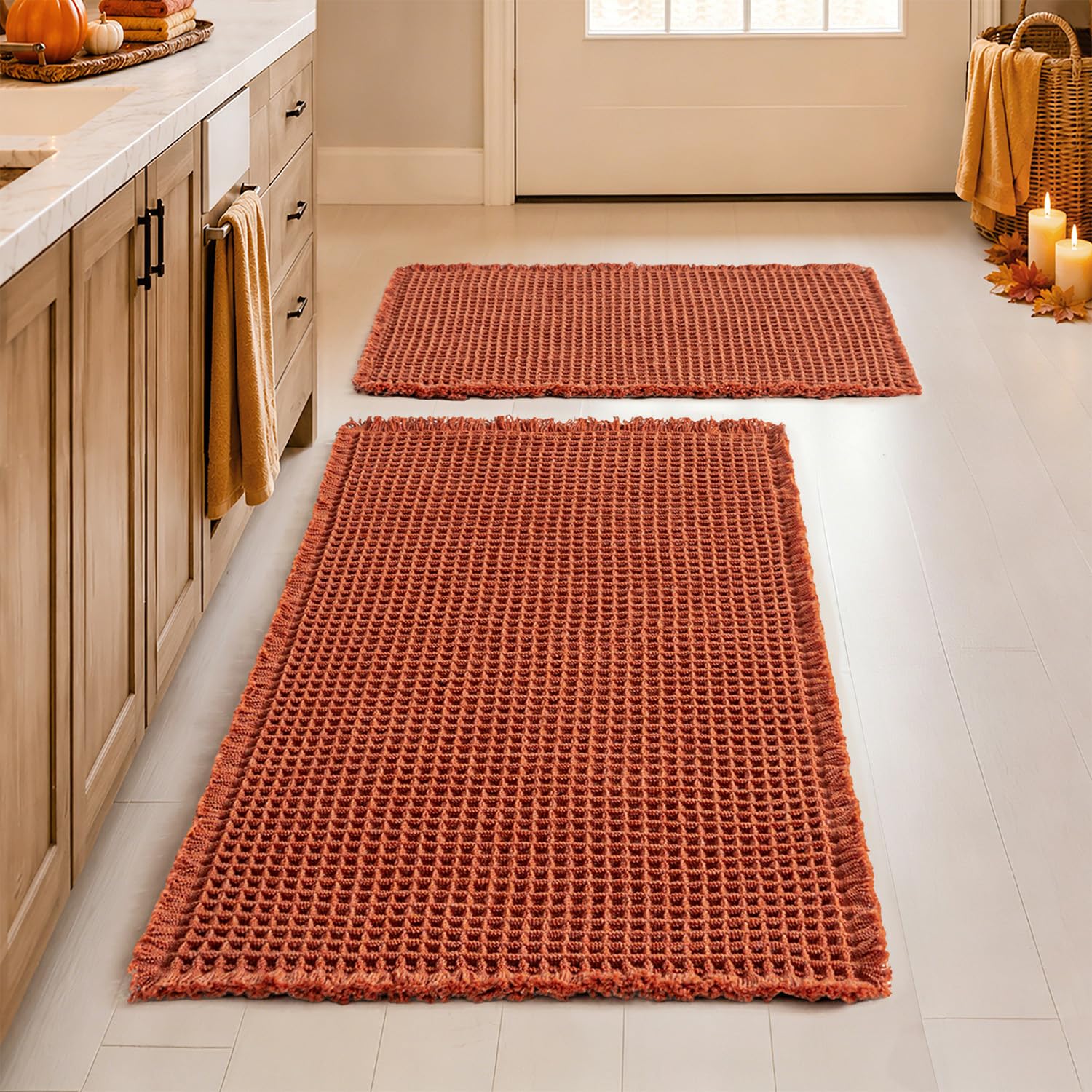 MIULEE front view of orange waffle bath mats showing color and two-piece set benefit