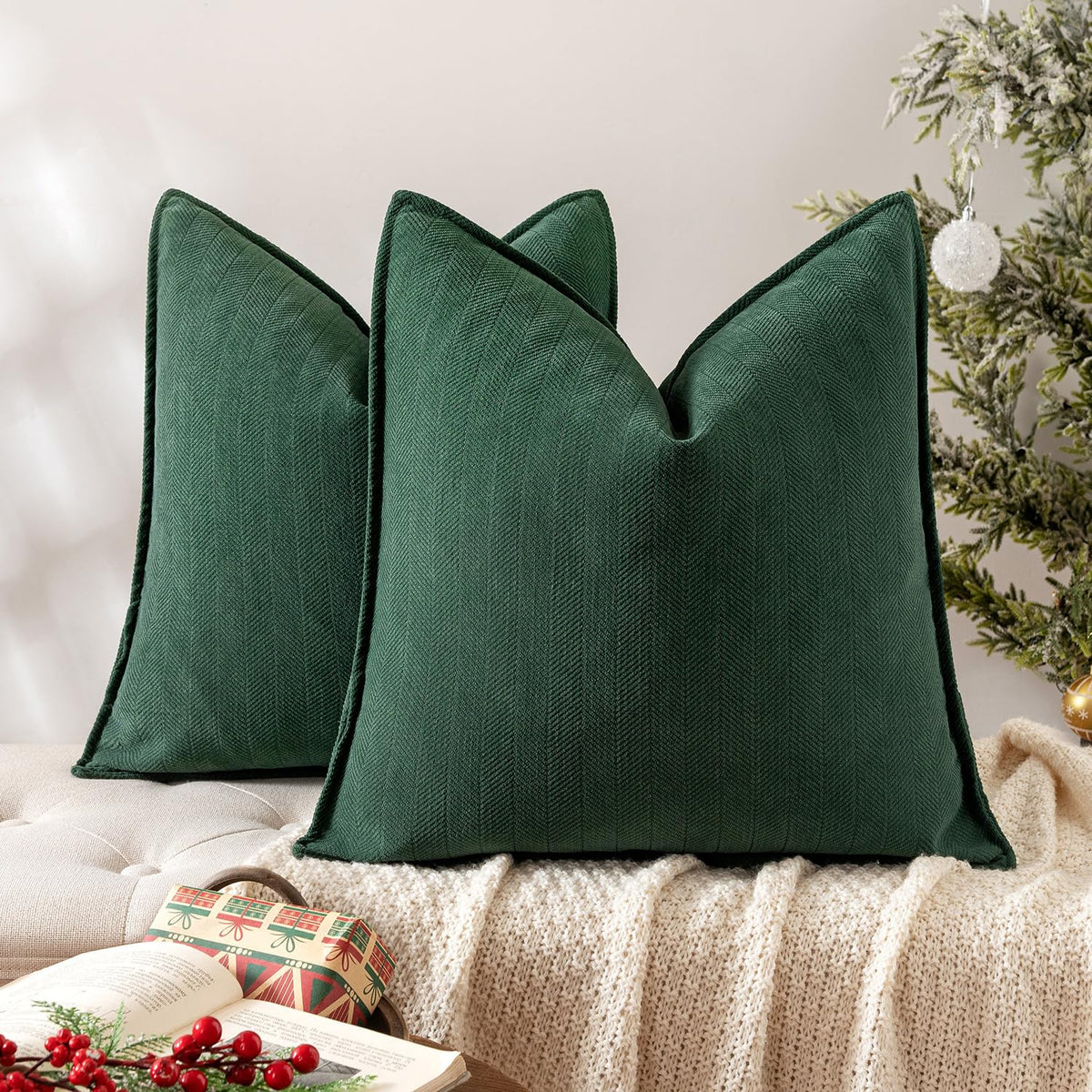 MIULEE front view of two green chenille pillow covers showing plush texture and neat edges
