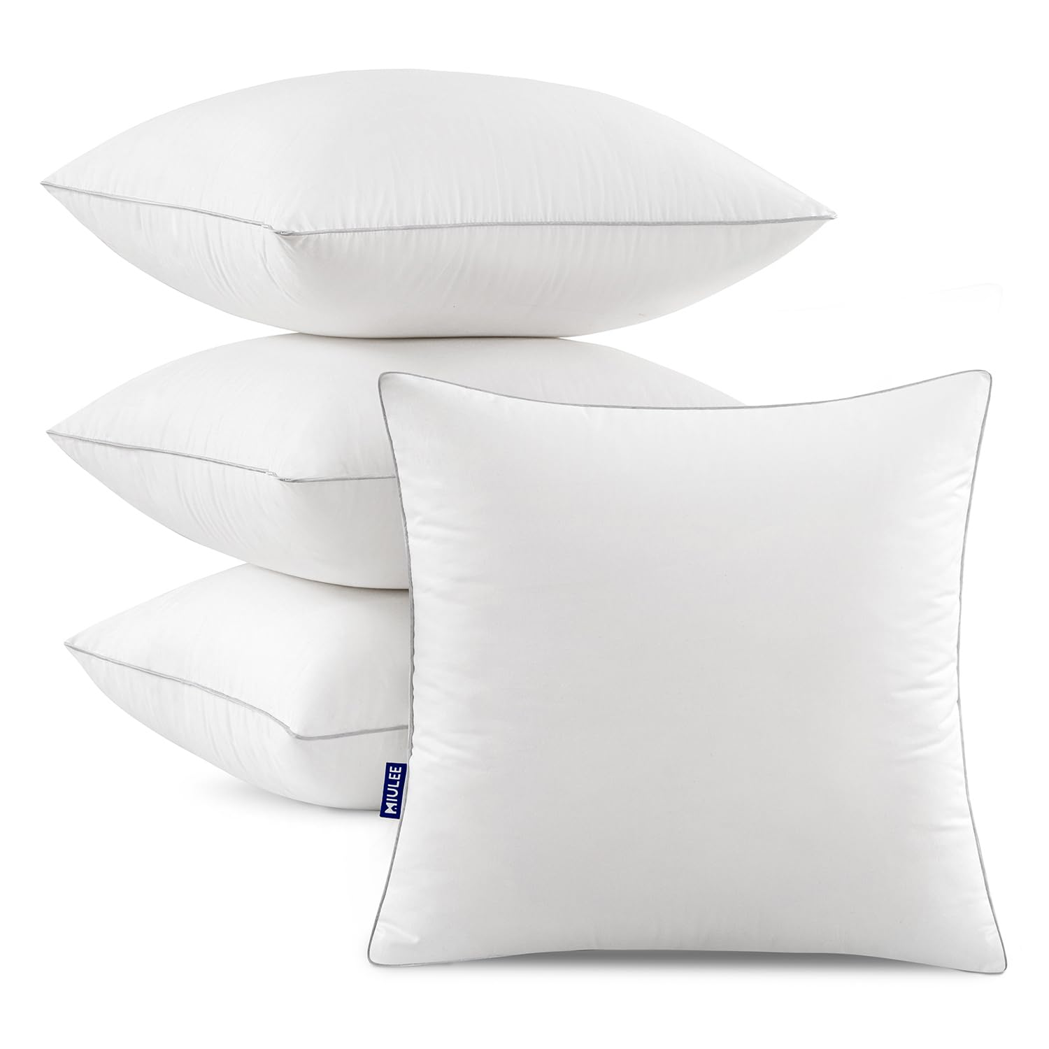 MIULEE front packaging showing four vacuum-packed 18x18 inserts and fast delivery benefit