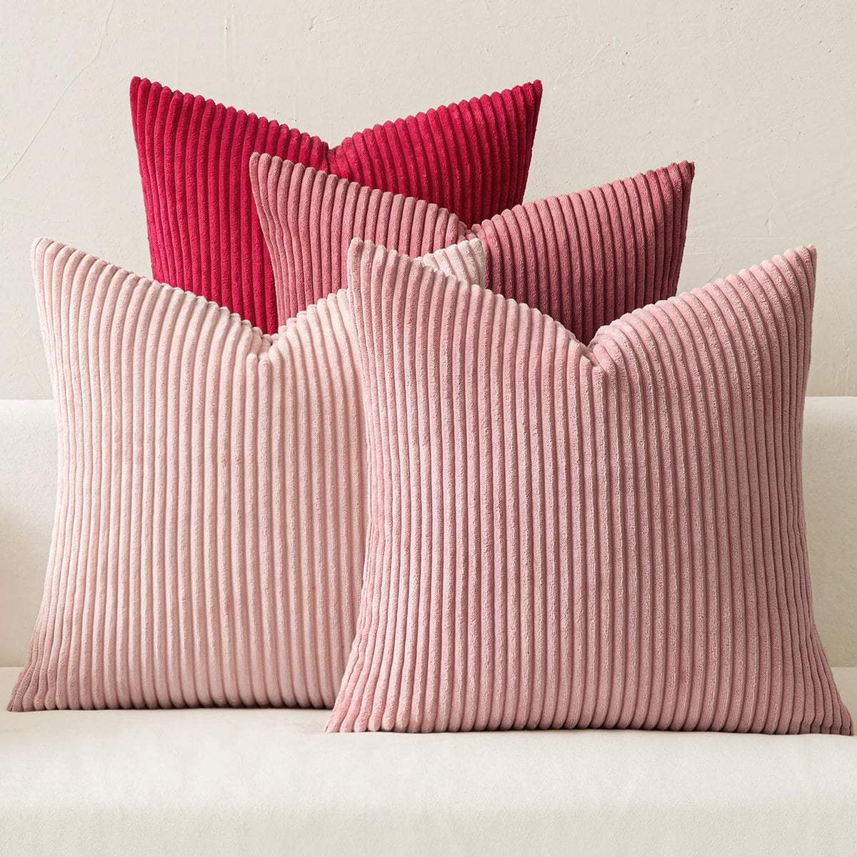MIULEE front view of four pink corduroy covers showing boho stripes and cozy look