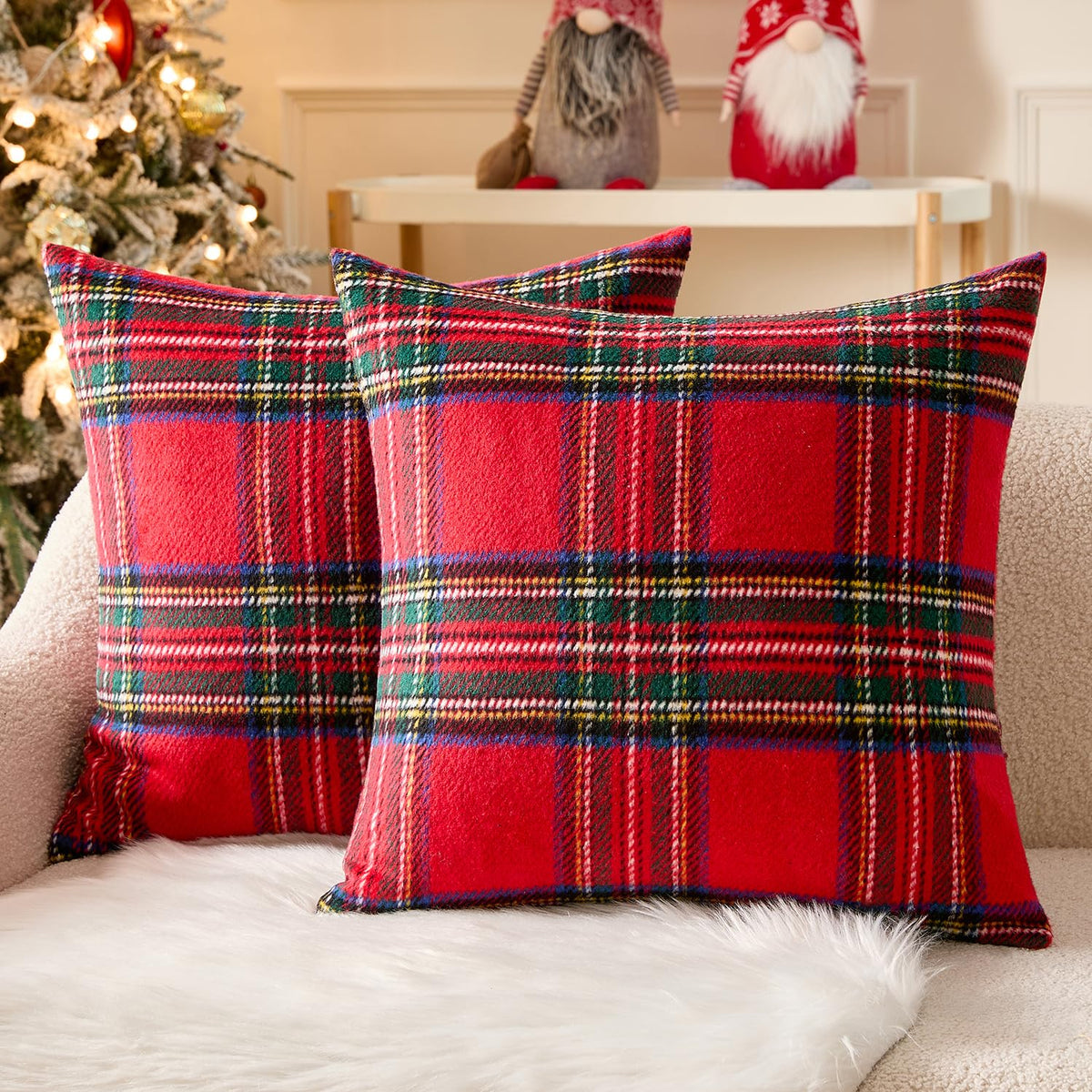 MIULEE front view of red plaid pillow covers showing festive pattern and warmth