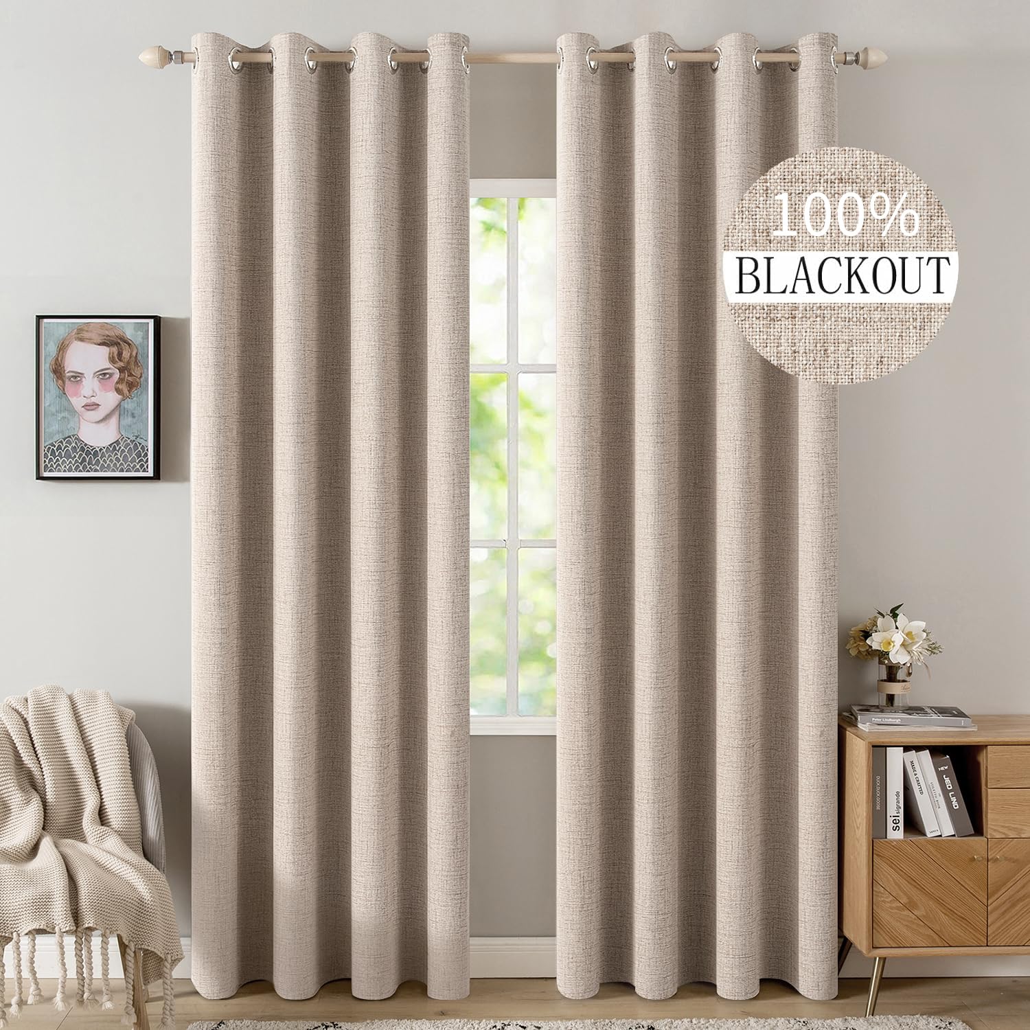 MIULEE front view of two beige blackout panels showing full coverage and elegance