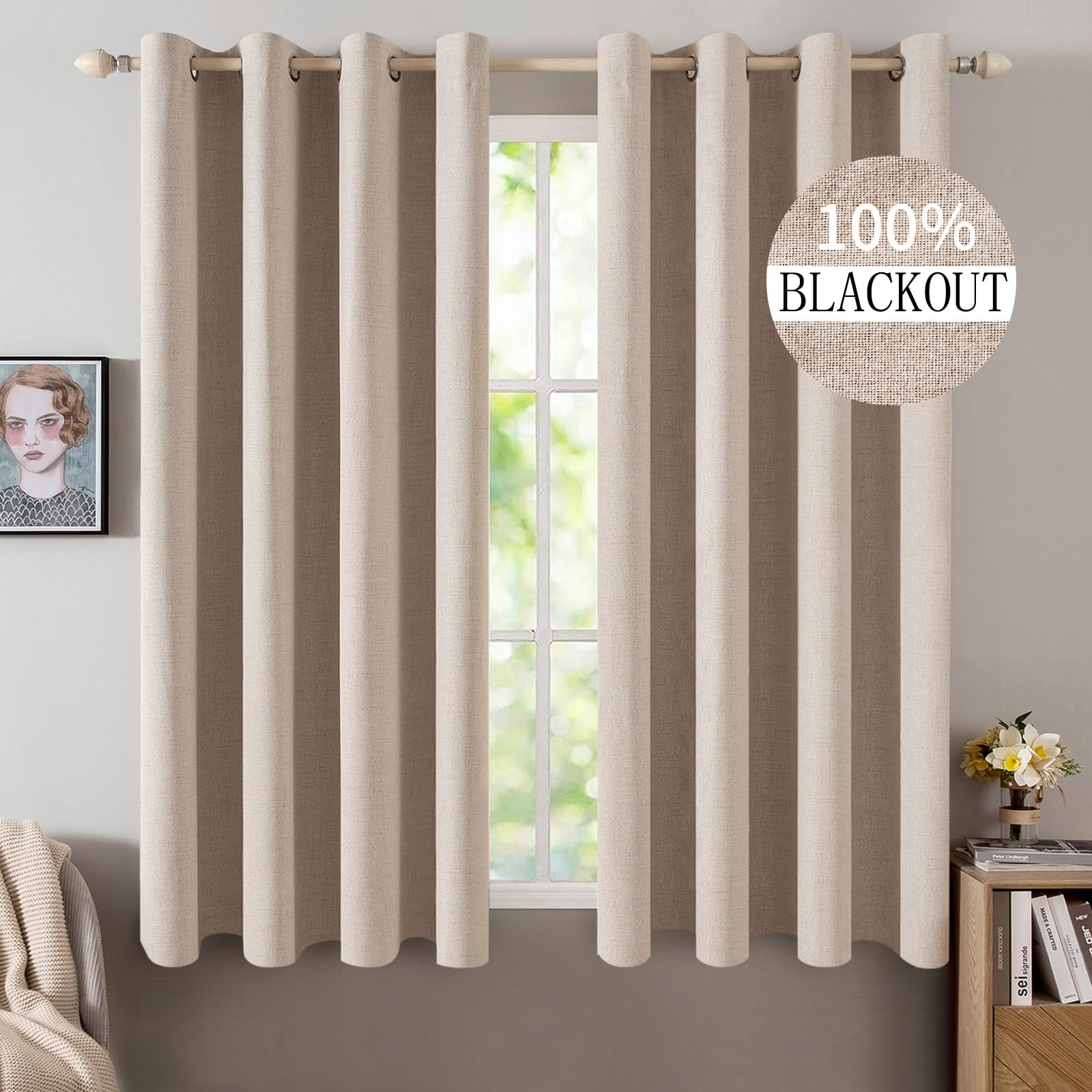 MIULEE front view of natural beige panels showing full blackout and elegant look