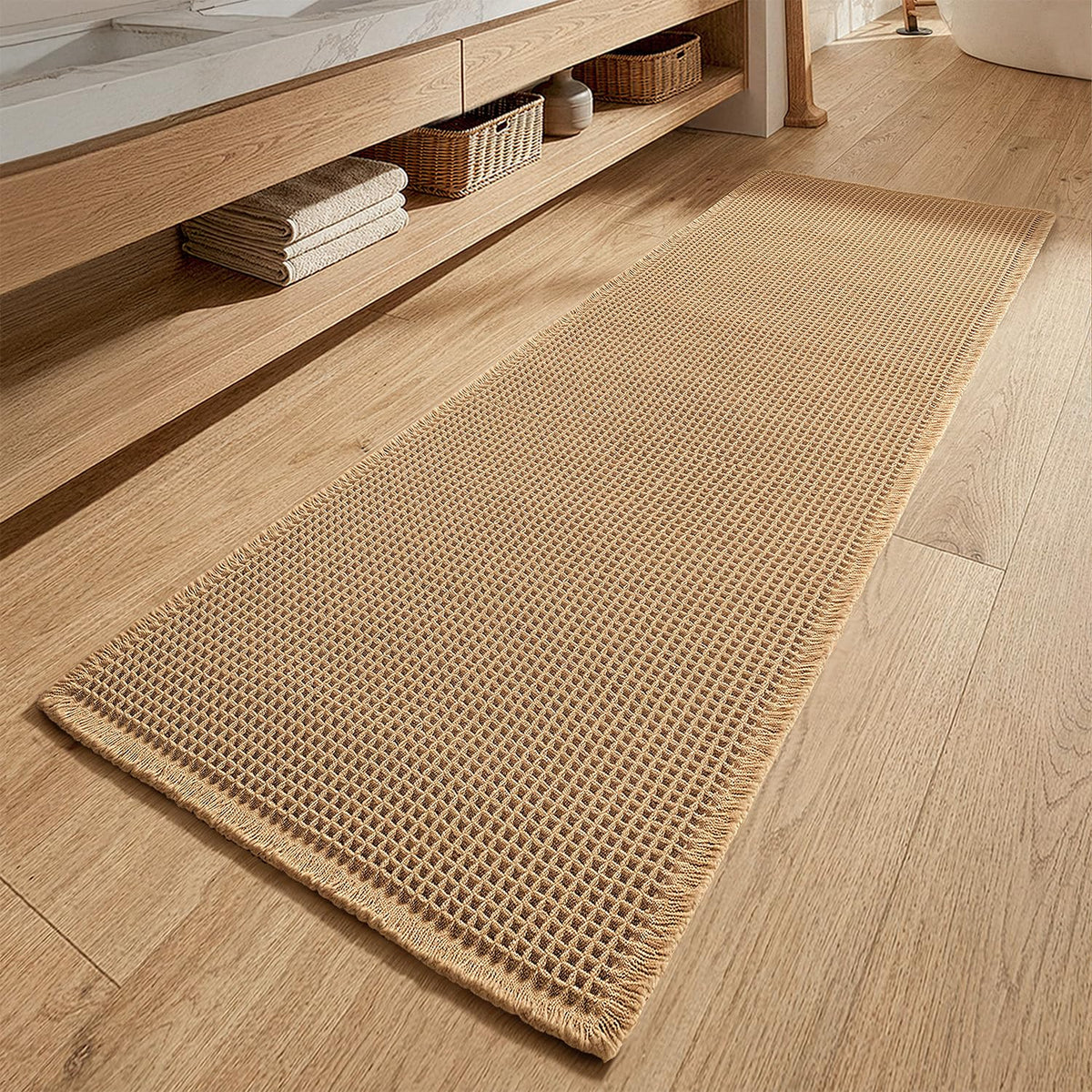 MIULEE front view brown waffle bath runner showing full length and tassels, adds cozy warmth