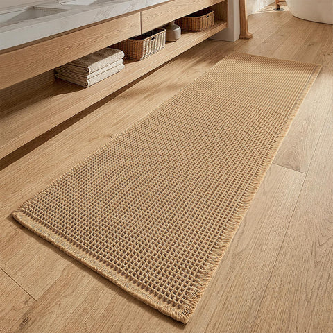 MIULEE front view brown waffle bath runner showing full length and tassels, adds cozy warmth