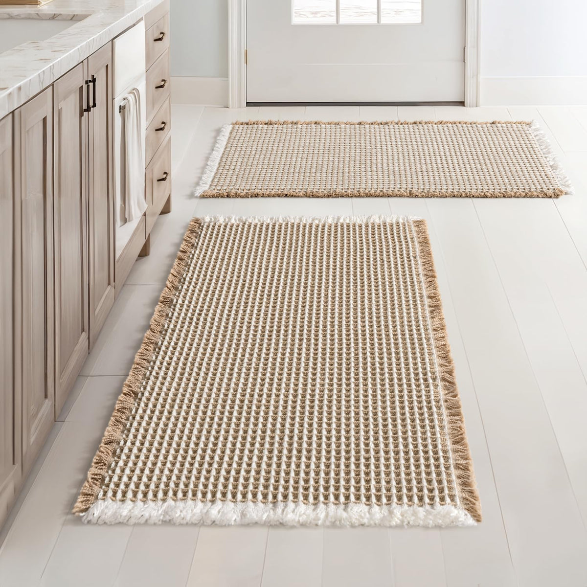 MIULEE front view of brown and white waffle bath mats showing coordinated pair benefit