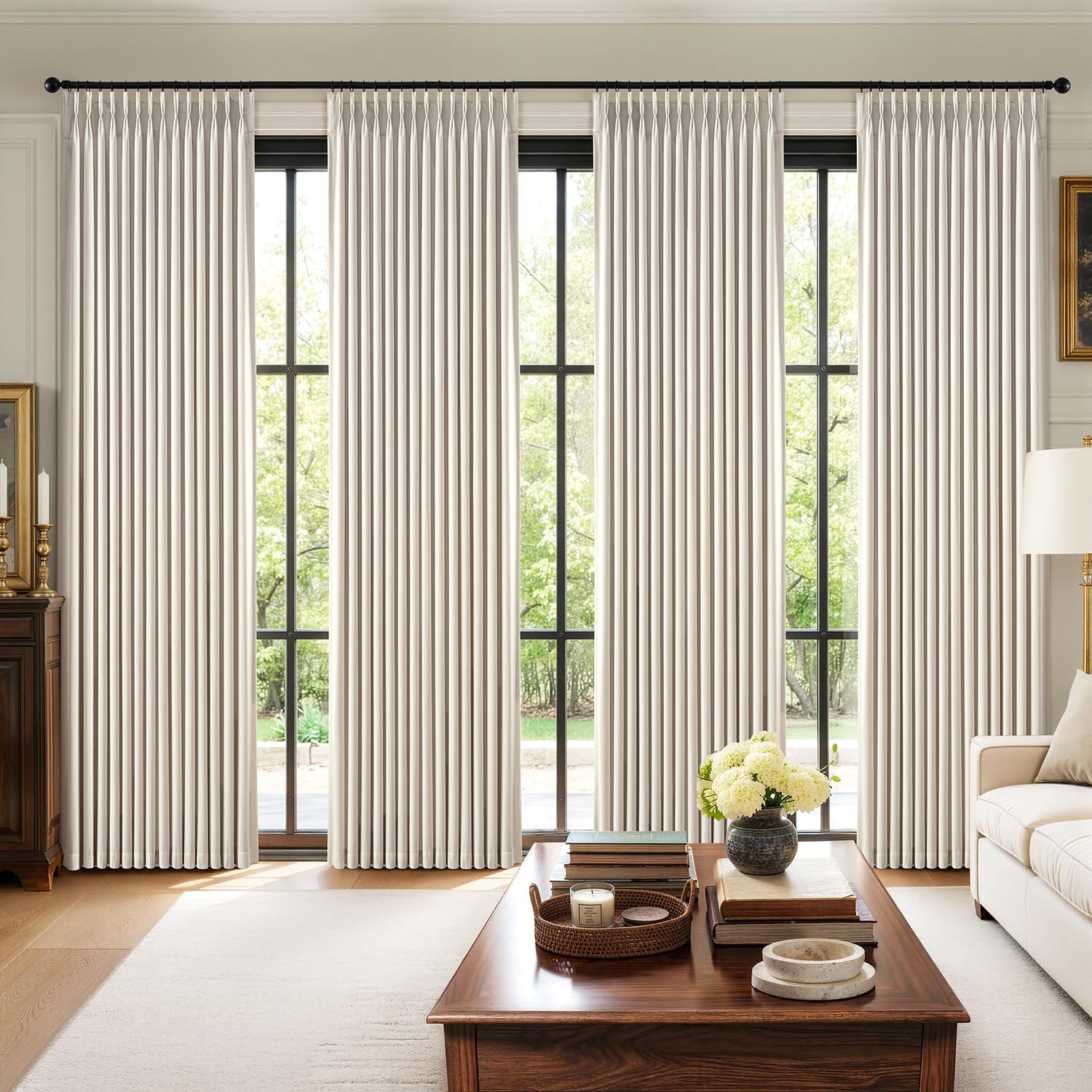 MIULEE front view of four panels showing tailored pinch pleats and full blackout benefit
