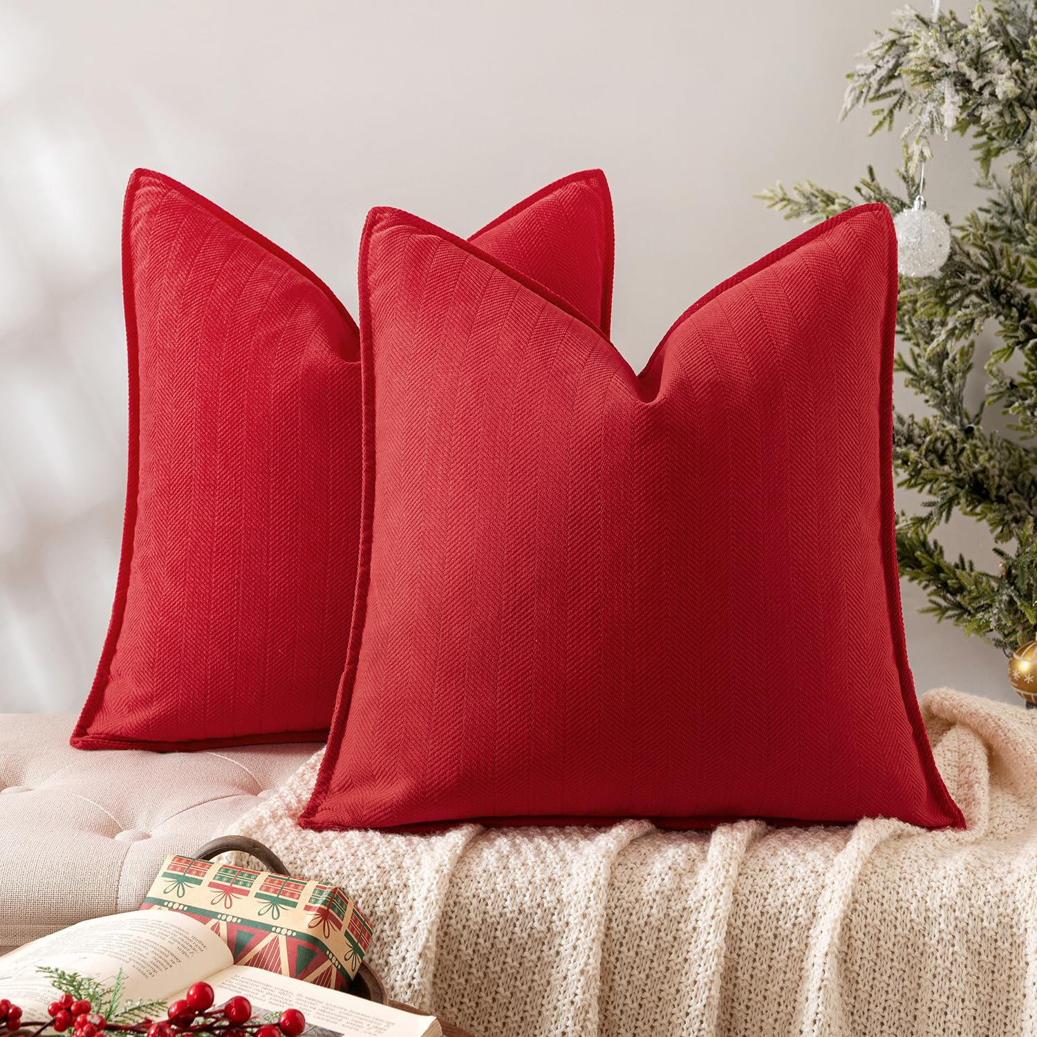 MIULEE front view of two red chenille pillow covers showing plush benefit