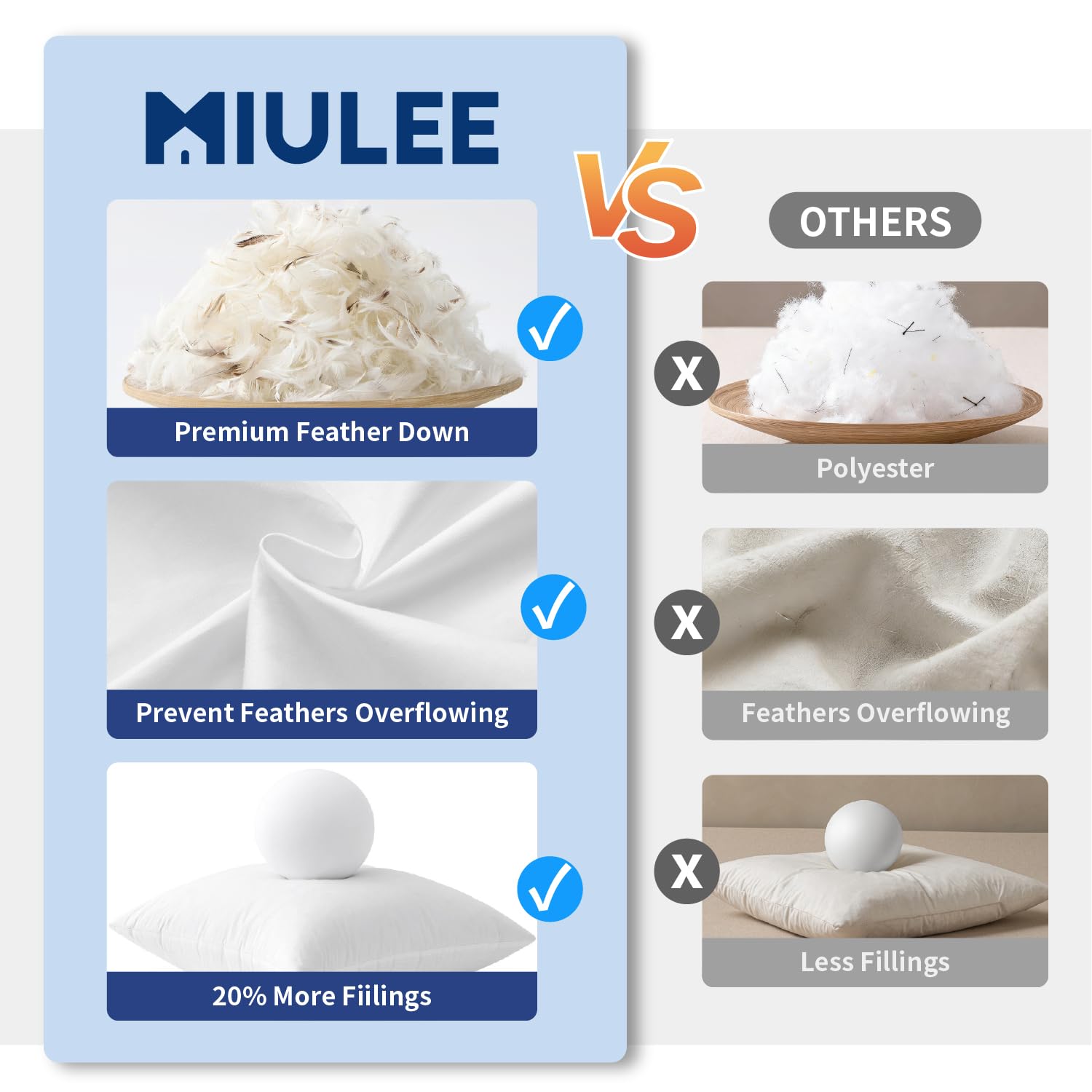 MIULEE hands fluffing insert demonstrating quick recovery and loft benefit