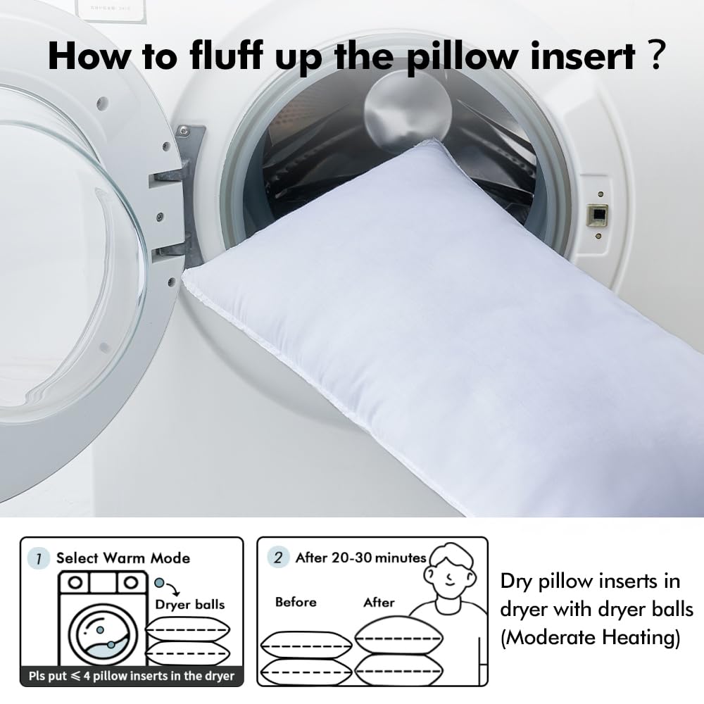 MIULEE pillow insert in dryer with dryer balls demonstrating how to revive loft