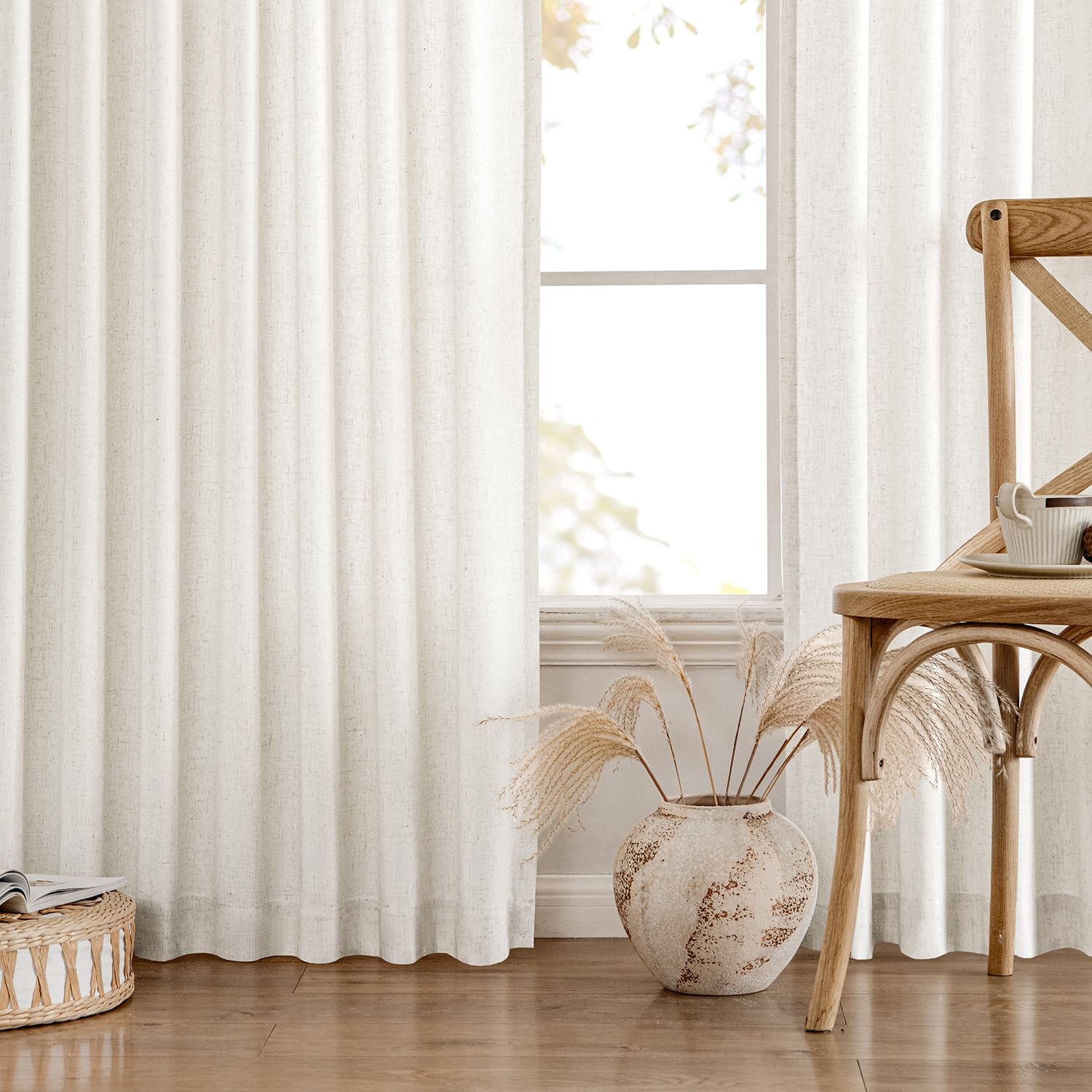 MIULEE curtain beside chair showing scale and generous width benefit