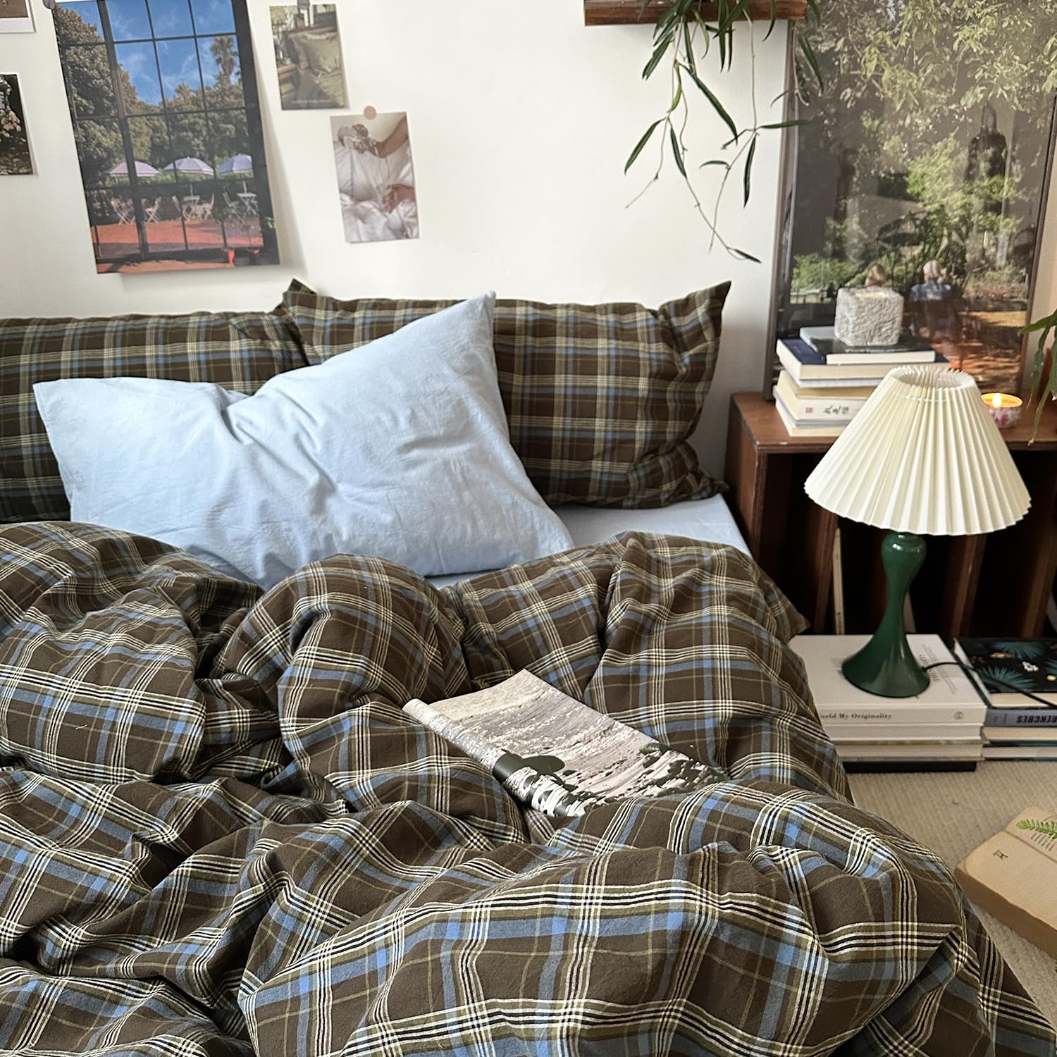 mixinni styled bedroom scene showing plaid set creating warm, inviting atmosphere