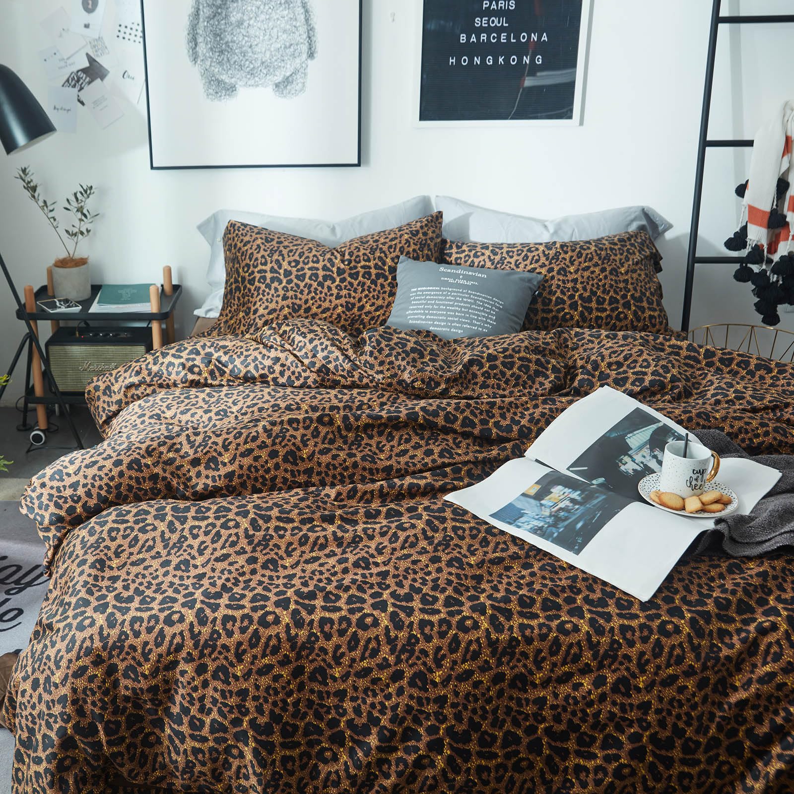 mixinni front view of queen comforter showing leopard print and bold bedroom update