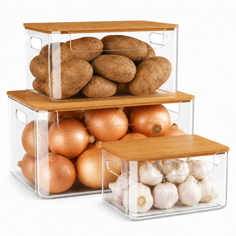 MIXISAV front view of three clear pantry bins showing neat organized storage
