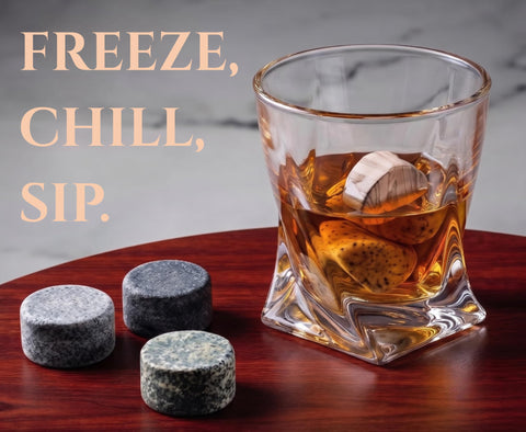 Mixology & Craft glass with granite stone in drink illustrating no-dilution cooling