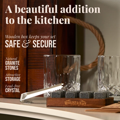 Mixology & Craft metal tongs gripping a stone for sanitary, easy chilling use
