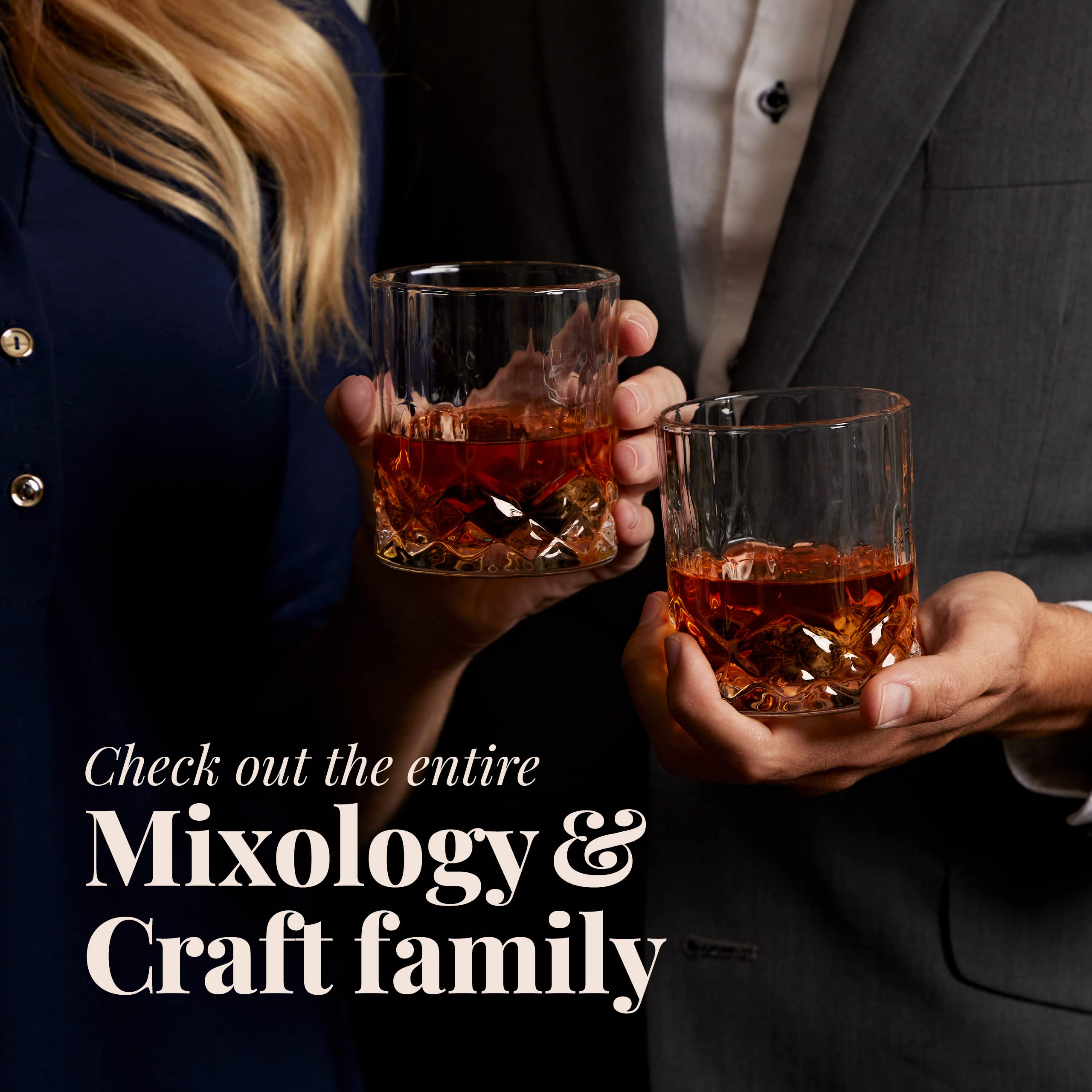 Mixology & Craft glass next to whiskey bottle showing scale and serving portion