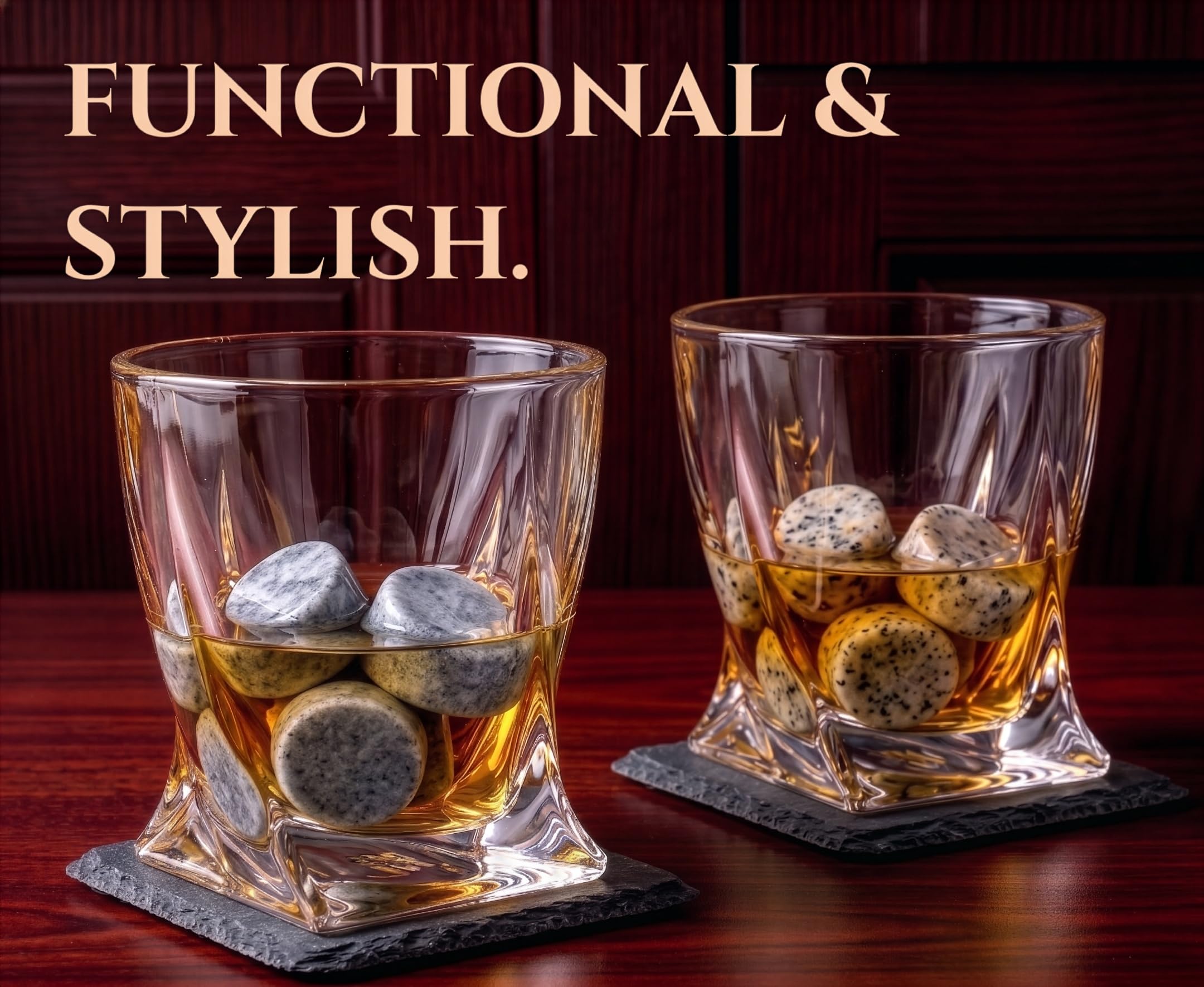 Mixology & Craft size comparison with hand to show scale and ergonomic glasses