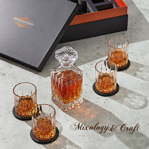 Mixology & Craft slate coasters stacked to show natural texture and surface protection benefit