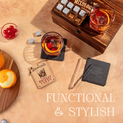 Mixology & Craft recipe cards beside wooden box inspiring cocktail variety benefit