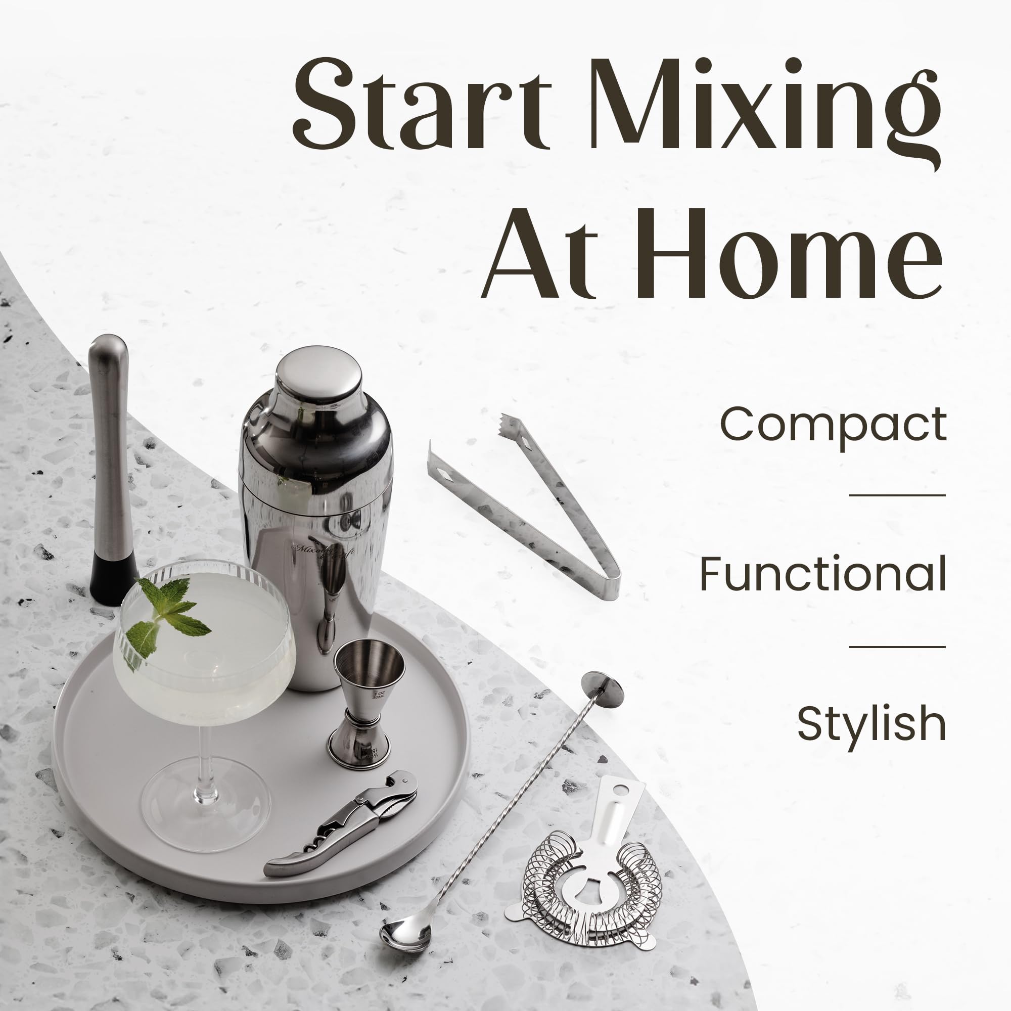Mixology & Craft full kit laid out to show all 15 pieces for versatile cocktail prep
