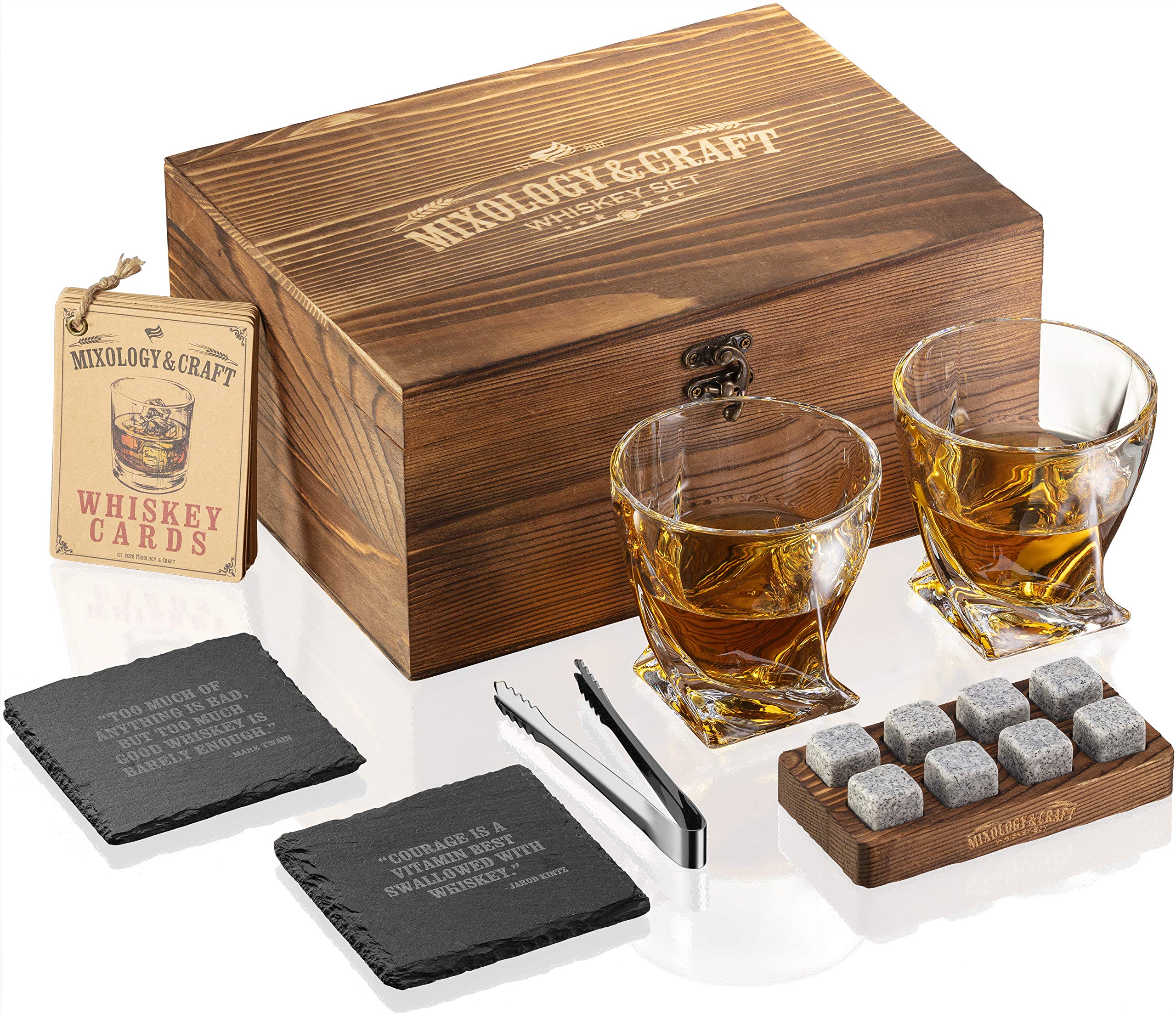 Mixology & Craft wooden gift box front showcasing complete whiskey set and elegant presentation