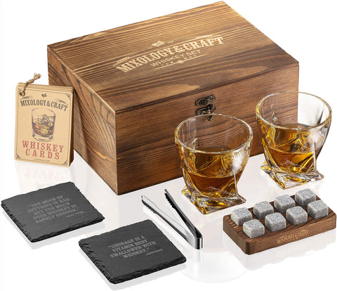 Mixology & Craft wooden gift box front showcasing complete whiskey set and elegant presentation