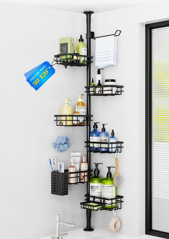 Mixoo front view corner shower caddy showing six shelves and tidy storage benefit
