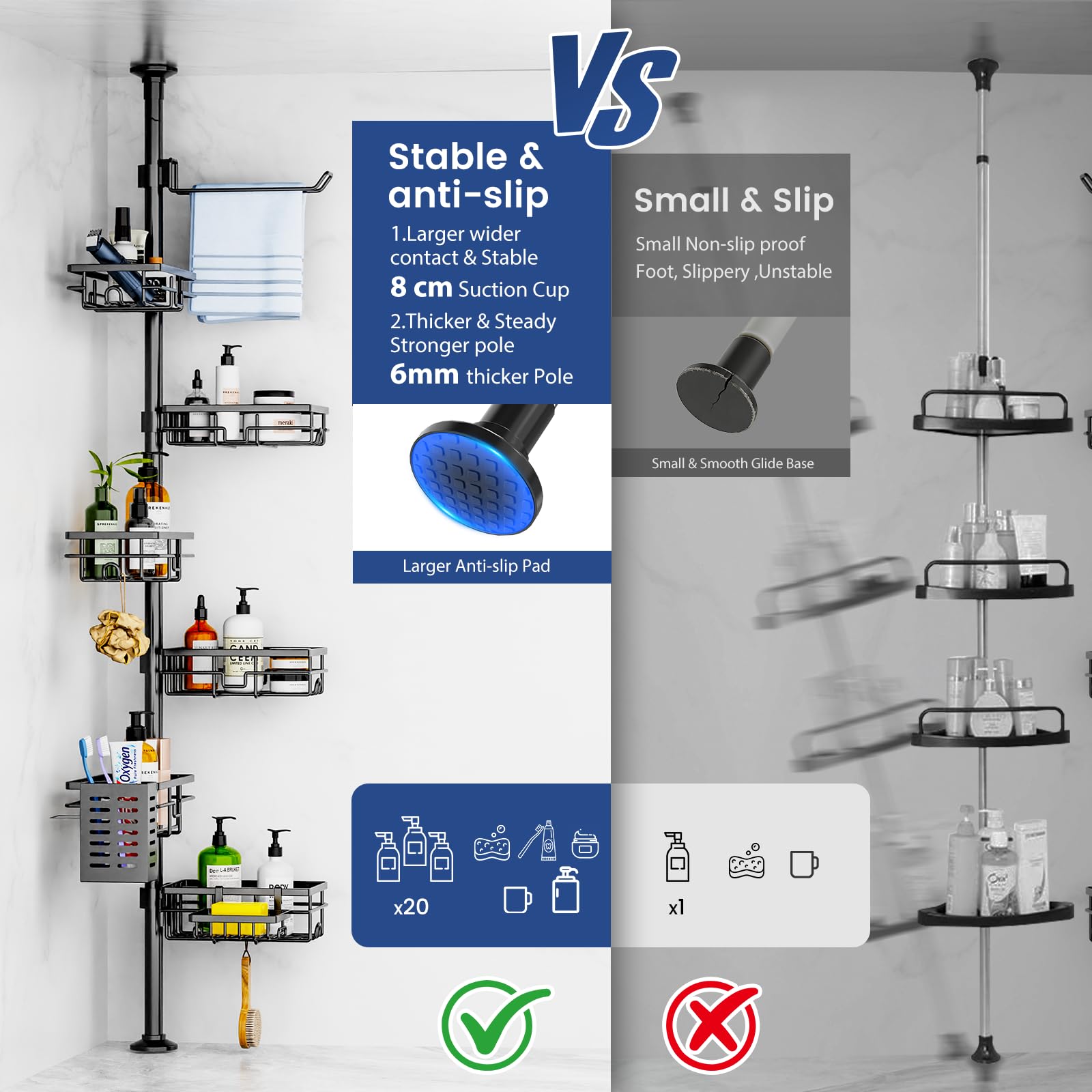 Mixoo shower caddy loaded with bottles showing high-capacity organization benefit