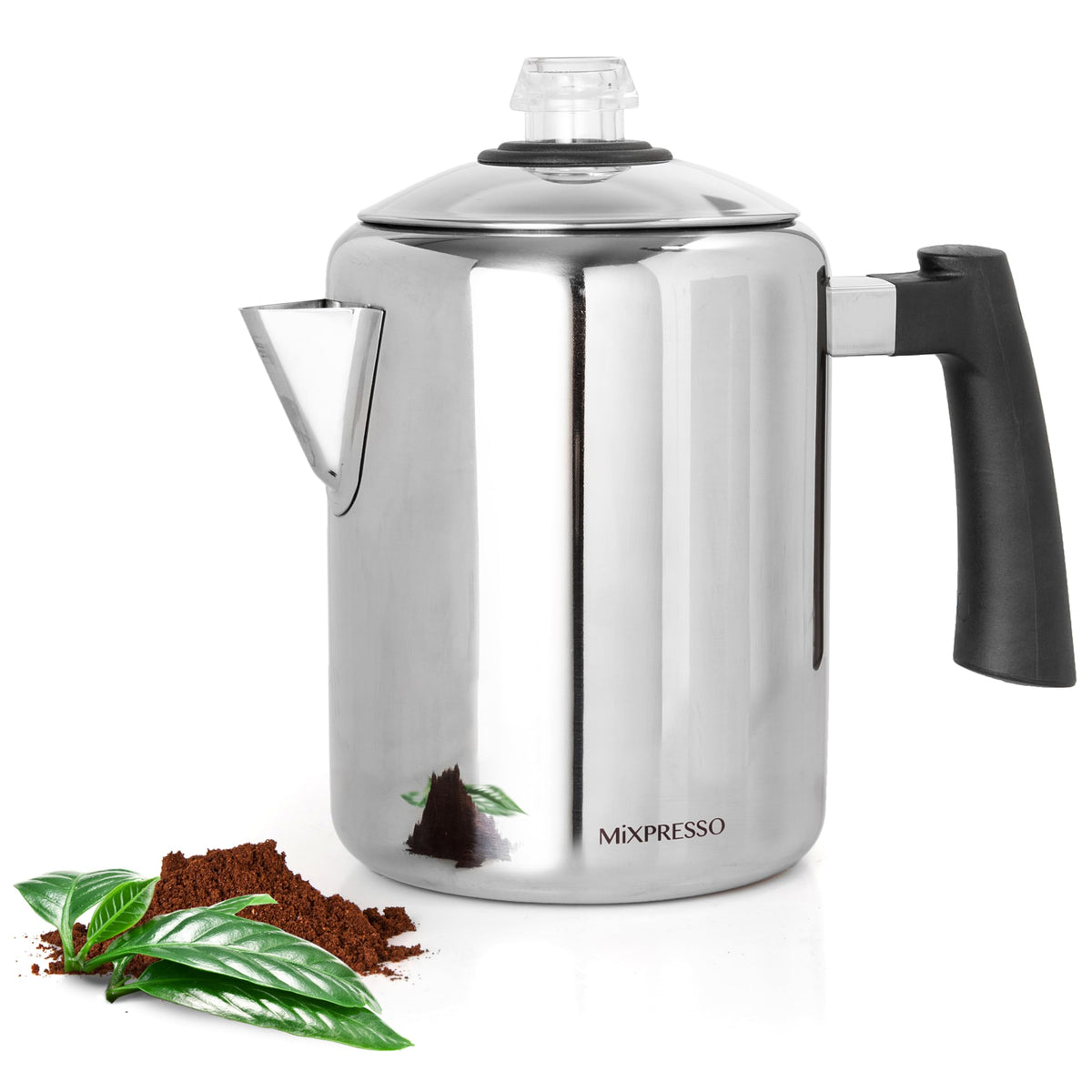Mixpresso front view stainless percolator showing durable design and reliable brewing