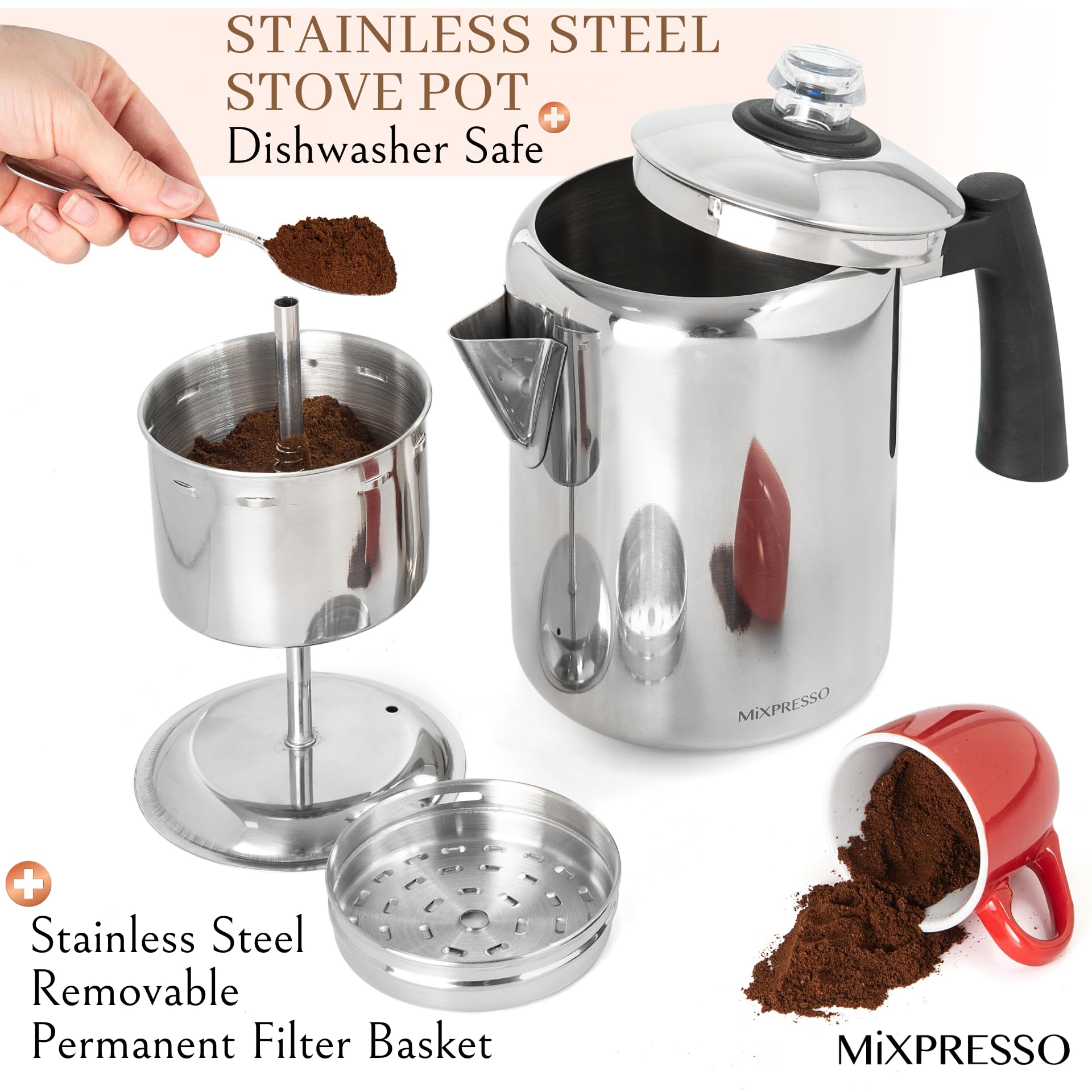 Mixpresso polished #304 stainless body highlighting stain resistance and shine