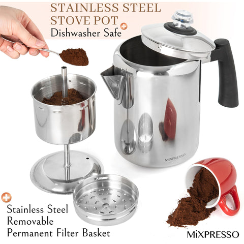 Mixpresso polished #304 stainless body highlighting stain resistance and shine