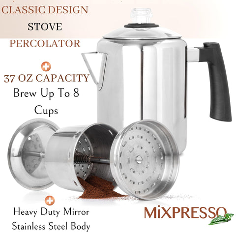 Mixpresso pour spout and cool-touch handle enabling safe pouring and comfort