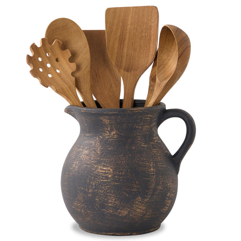 MIYUKI rustic utensil holder front view showing vintage black and gold finish and storage benefit
