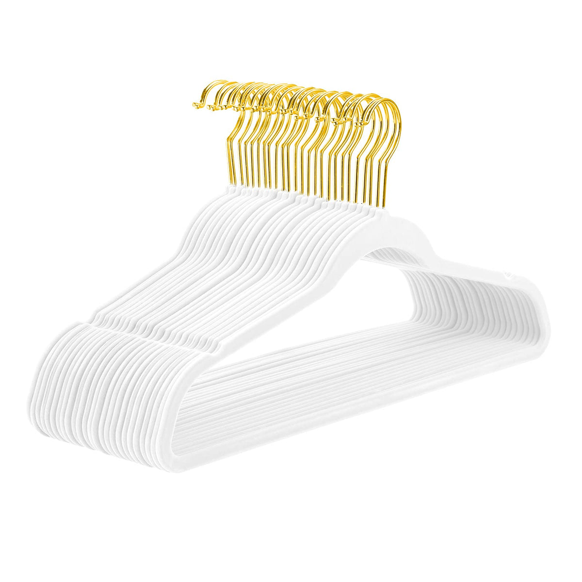 MIZGI front view of 50-piece white velvet hangers showing tidy value pack benefit