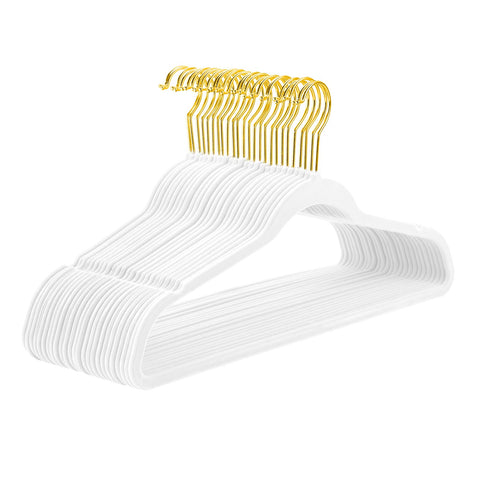 MIZGI front view of 50-piece white velvet hangers showing tidy value pack benefit