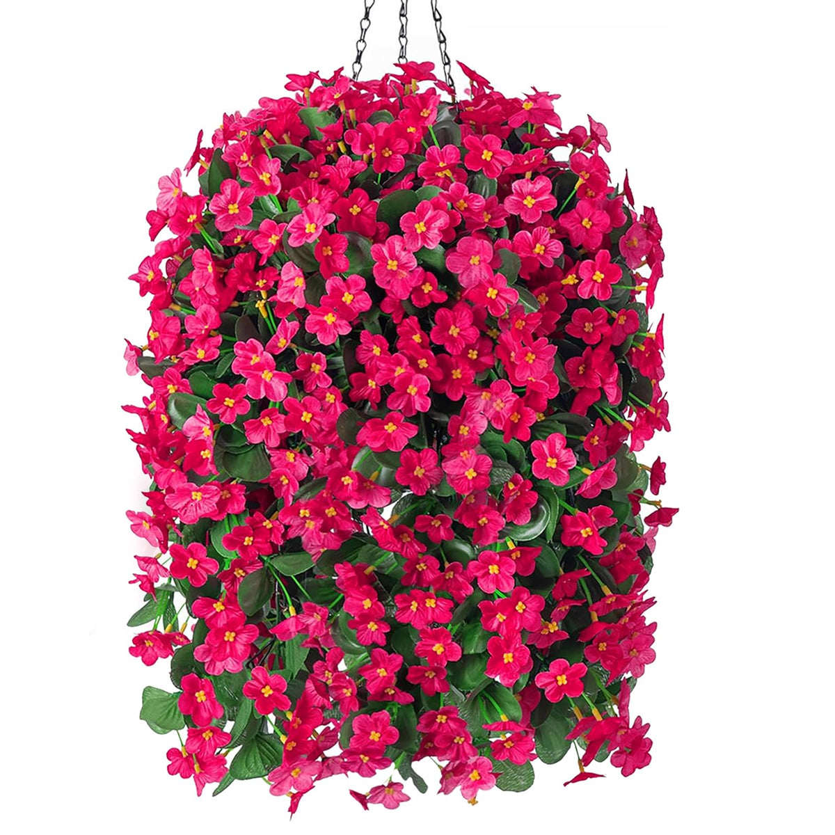 MJFloria front view of hotpink hanging basket showing full draping vines and instant curb appeal