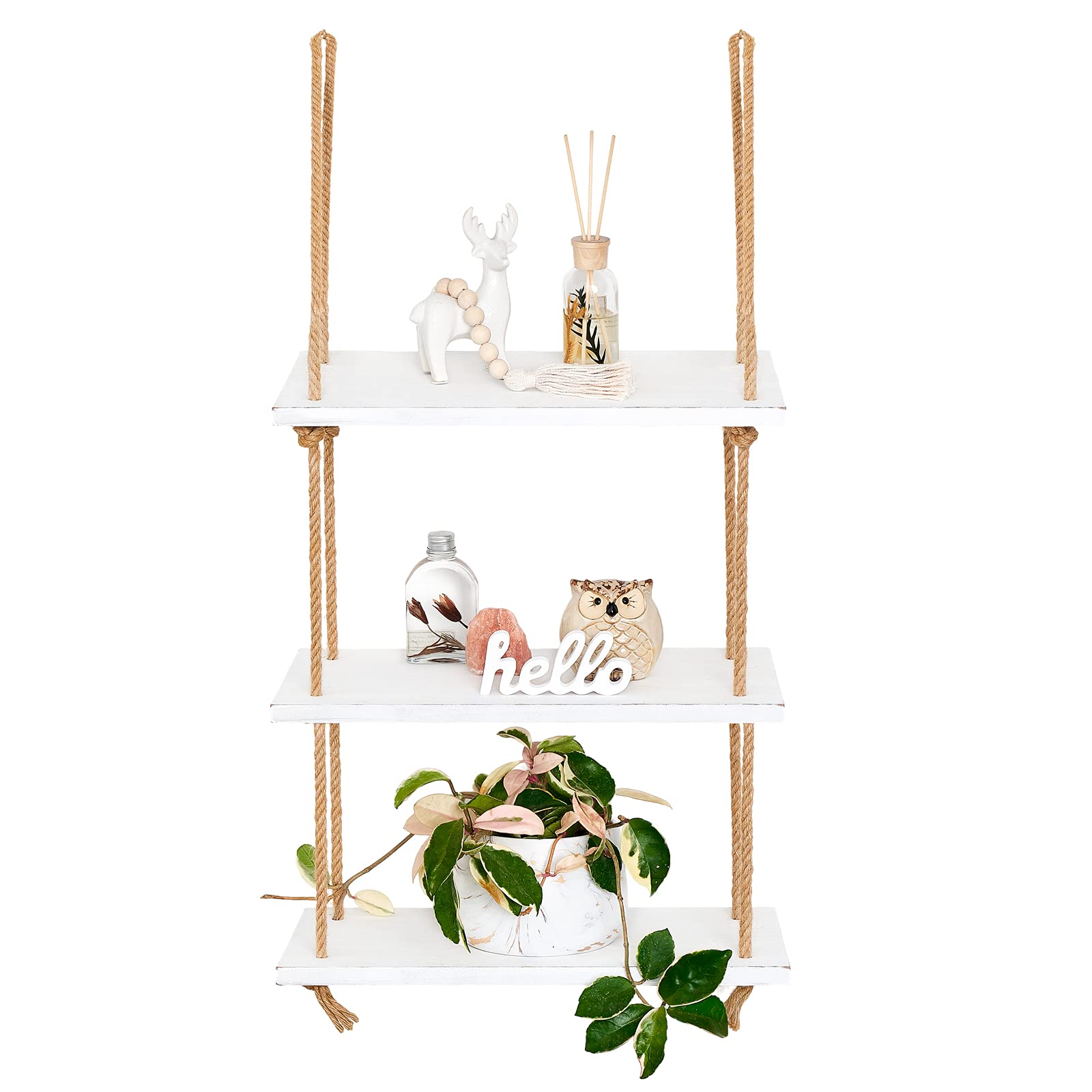 Mkono front view of white wood hanging shelf showing organized decor and storage benefit