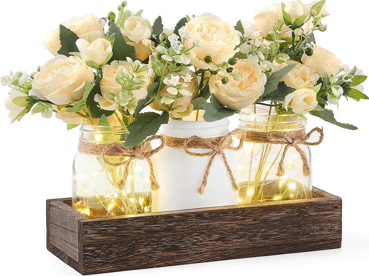 Mkono front view of wooden box and three jars showing rustic centerpiece appeal