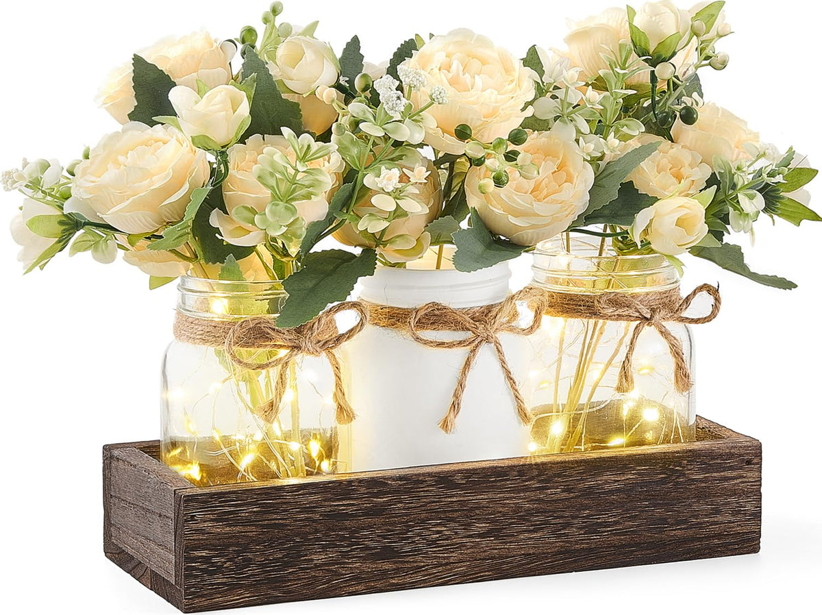 Mkono front view of wooden box and three jars showing rustic centerpiece appeal