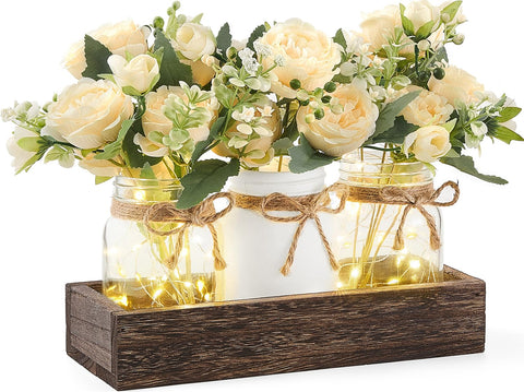 Mkono front view of wooden box and three jars showing rustic centerpiece appeal